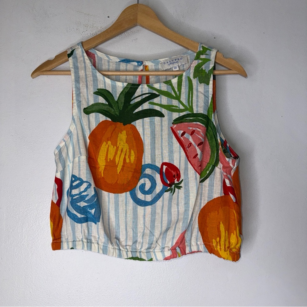 calypso st barth Fruit Tropical Print Sleeveless Crop Linen Blend Top XS